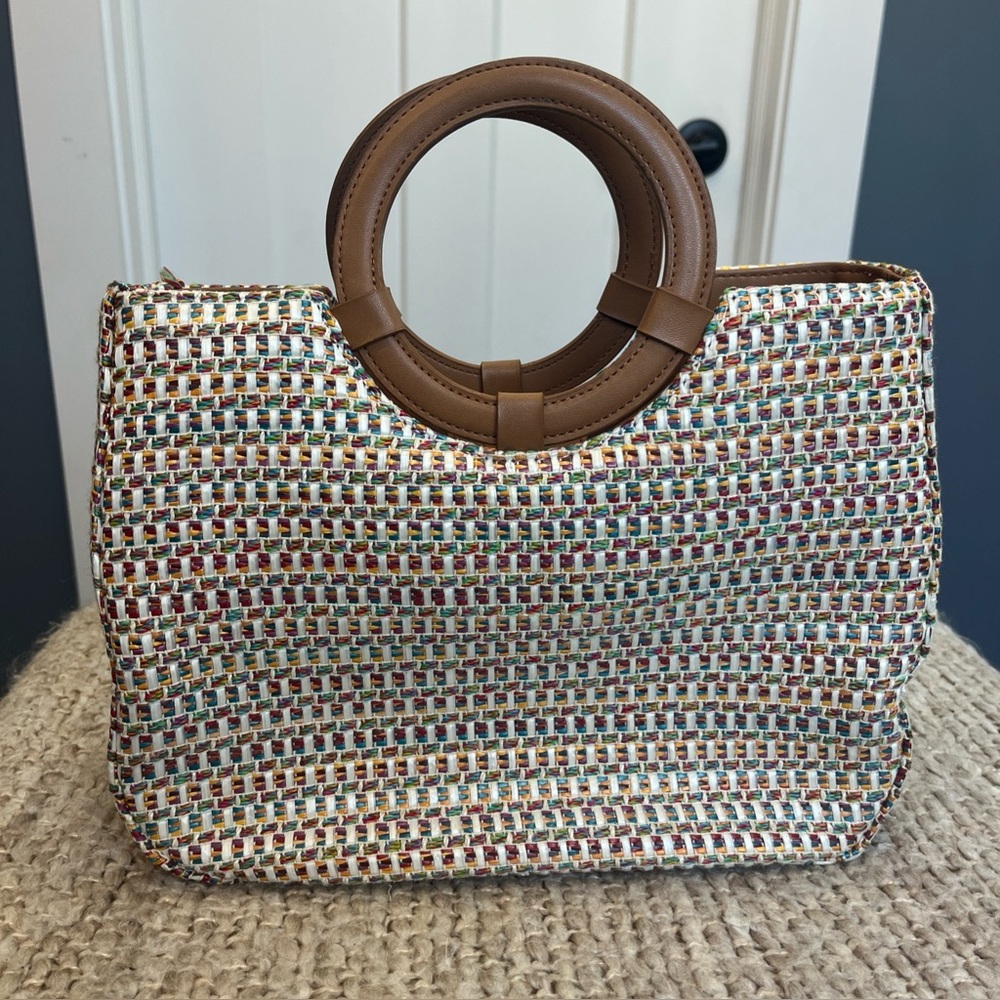Multi-Colored Fossil Purse Handbag Woven Look Tan Round Handles Beachy Fun As-Is